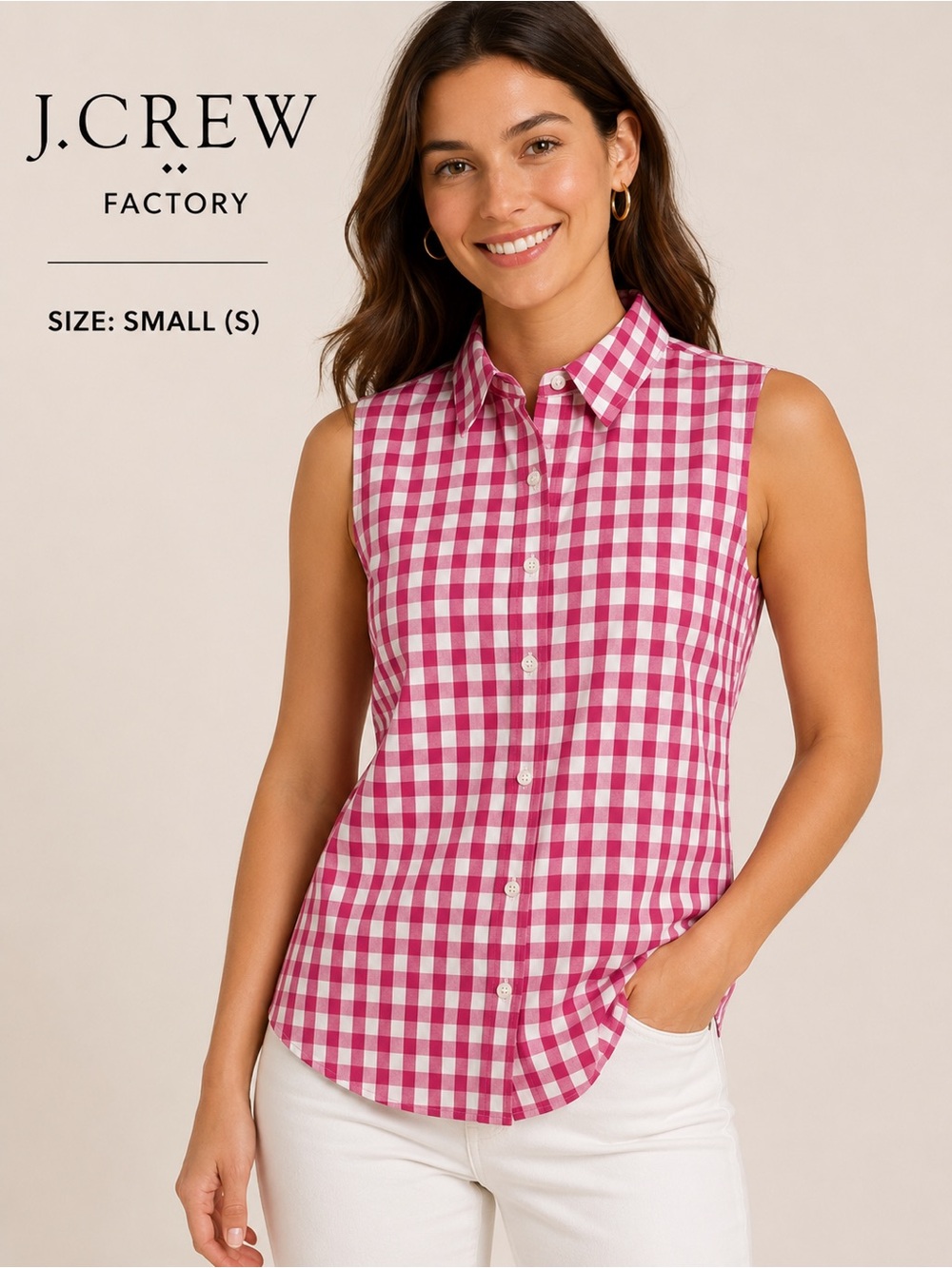 J.Crew Factory Pink White Gingham Sleeveless Button Front Shirt Top Size Small